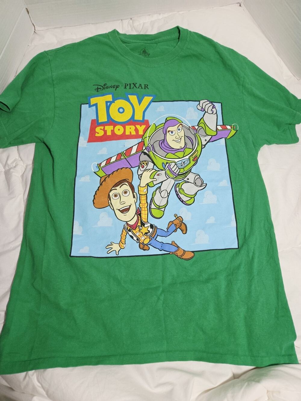 Authentic Disney Parks Sz M Vtg TOY STORY Buzz Lightyear Woody Pixar Green Shirt